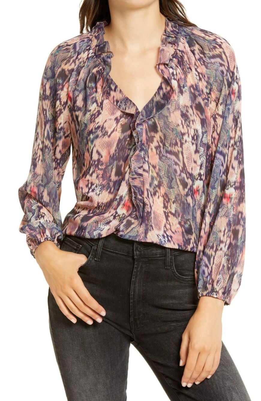 All Saints Nylah Masala Ruffle Long Sleeve Blouse Women's 8 Reptile Animal Print